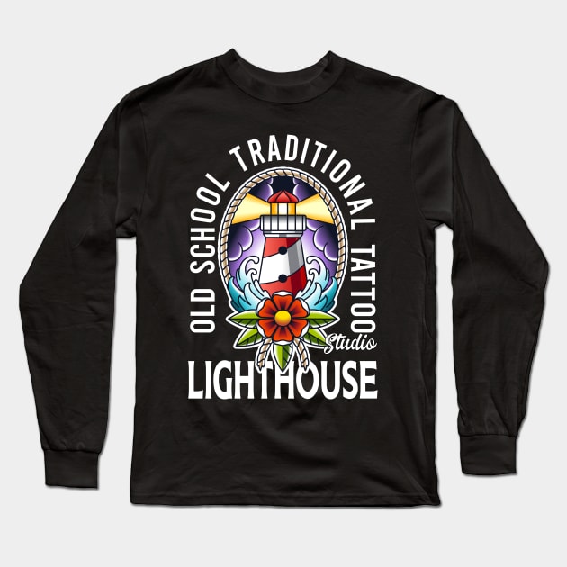 old school traditional tattoo light house Long Sleeve T-Shirt by KANDIM'S Studio